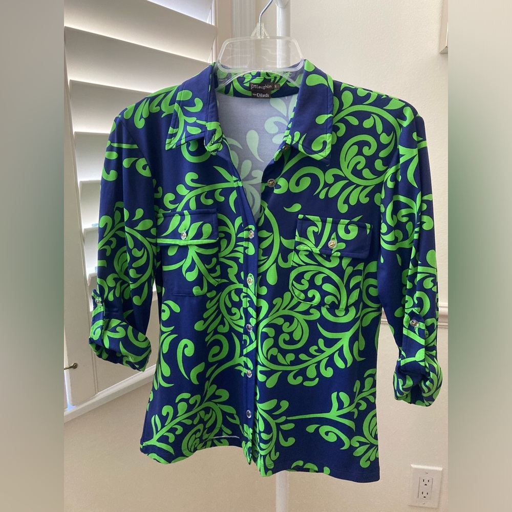 J. McLaughlin Lime Green and Navy Swirl Top